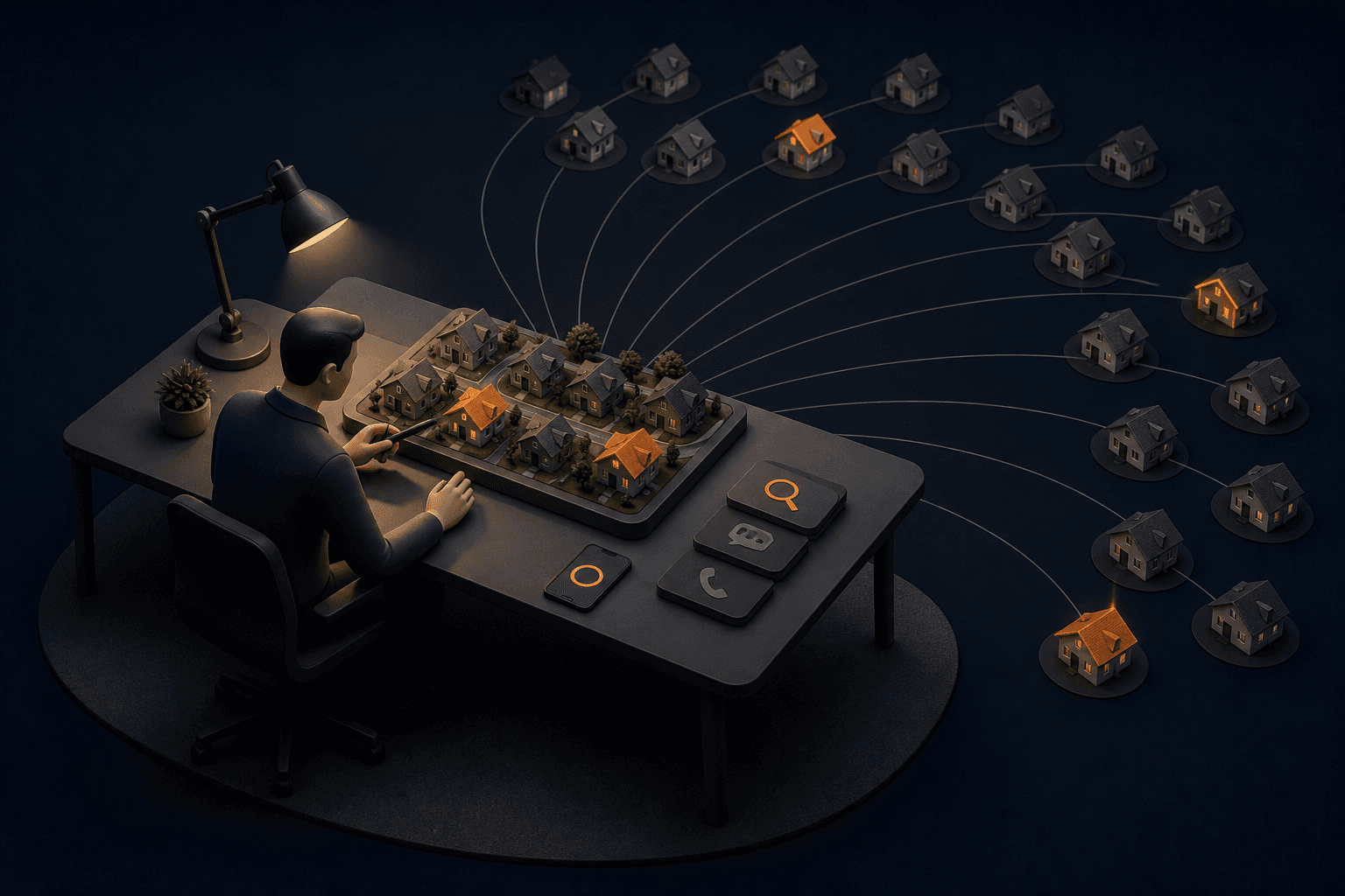 Illustration of one roofing team directing a targeted campaign across many homes