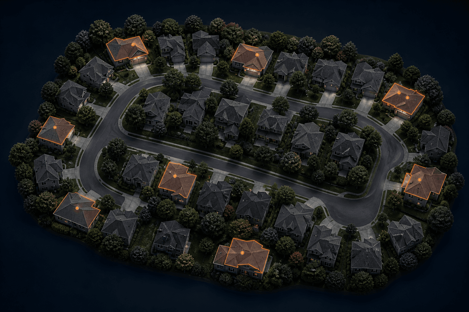 An illustrated neighborhood model with the strongest roofing targets highlighted in orange